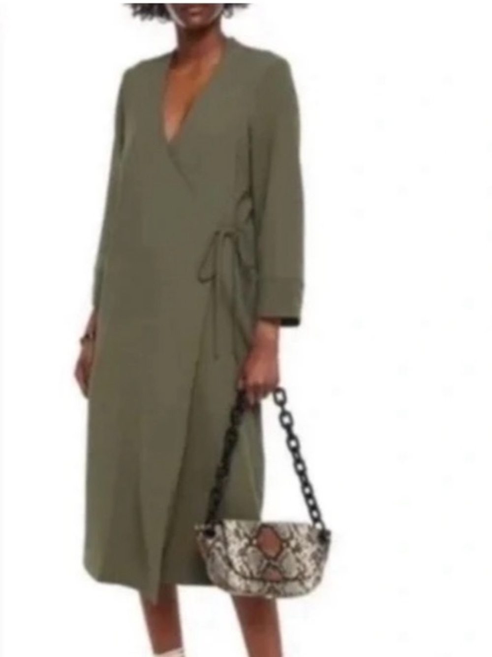 GANNI Olive Green Crepe Kimono Sleeve Wrap Dress One Size Fits Most